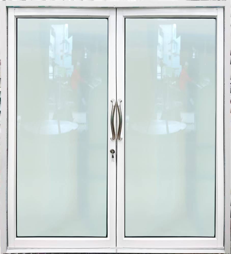 ประตูบานสวิงคู่ อลูมิเนียมสีอบขาว+กระจกใสเขียว 190ซม.*205ซม.